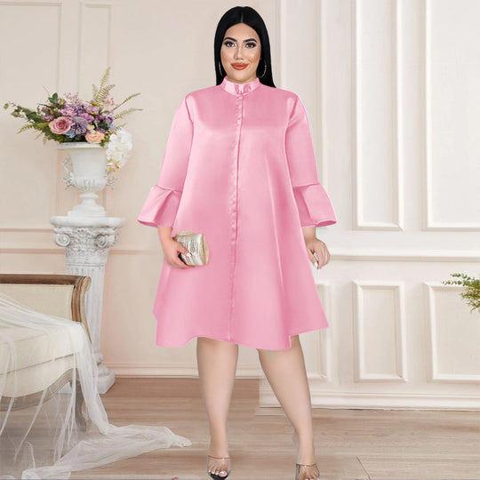 Damen elegantes Kleid mit hochgeschlossenem Kragen und weiterem Ärmel R&B