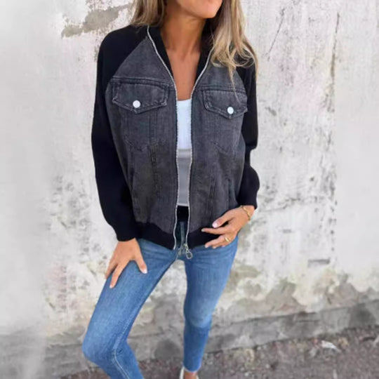 Damen nan Sweat-Jeans-Bomberjacke mit Raglanärmeln Brustklappen und Reißverschluss R&B