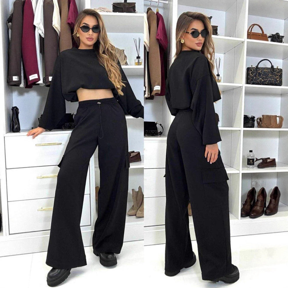 Damen lässiges Cargo-Loungewear-Set mit cropped Oberteil und weitem Bein R&B