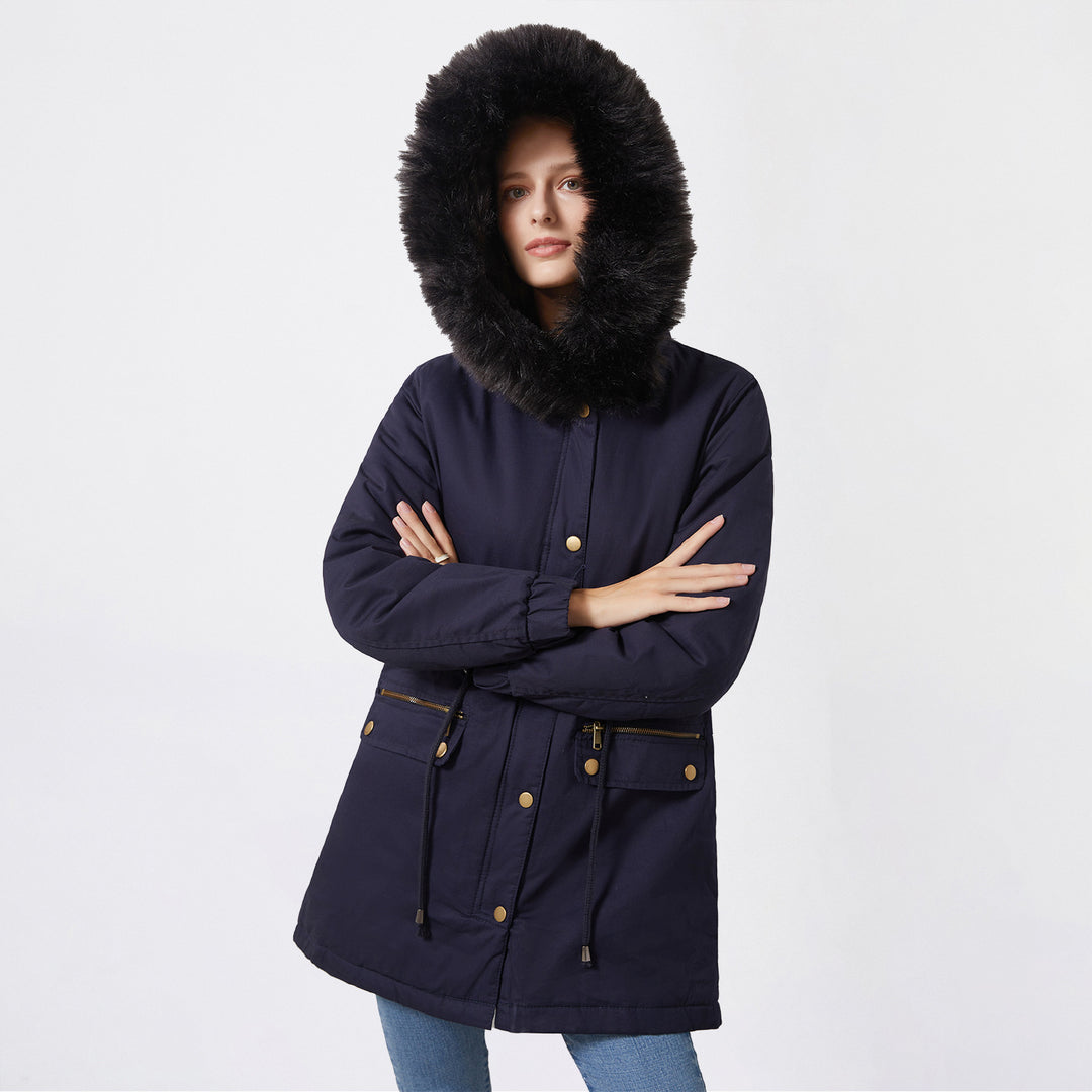Damen isolierte Parka-Jacke mit abnehmbarem Kunstfellkragen und verstellbarem Taillenzug R&B