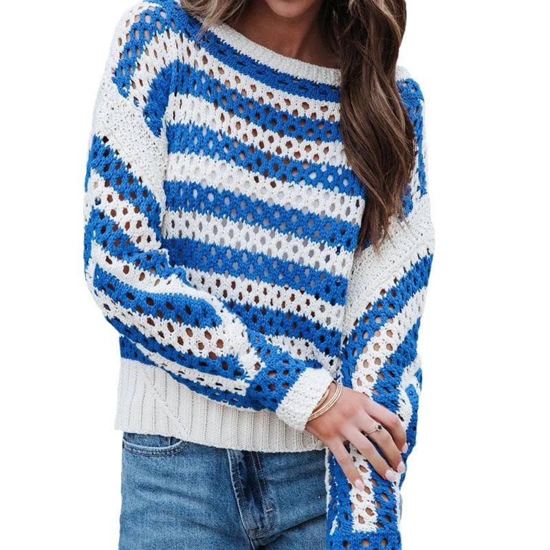 Damen luftiger Strickpullover mit großflächigem Lochmuster und Streifendesign R&B
