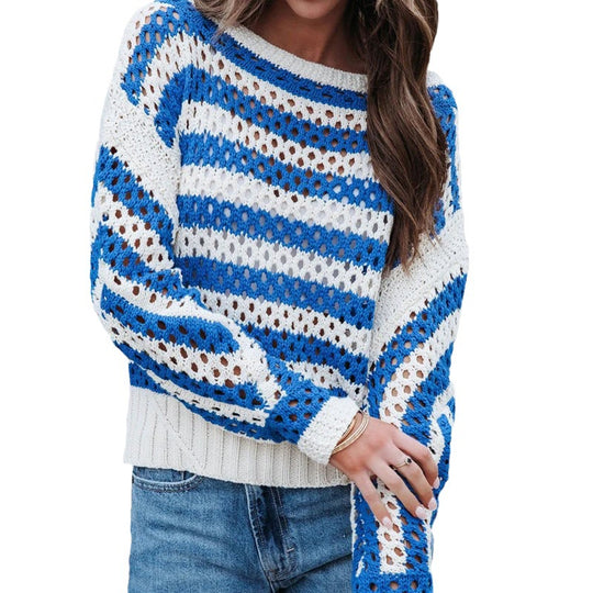 Damen luftiger Strickpullover mit großflächigem Lochmuster und Streifendesign R&B