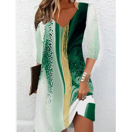 Damen V-Ausschnitt Kleid mit modernem Aquarellmuster R&B