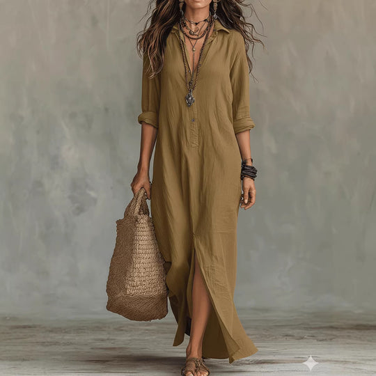 Damen Langes Hemdkleid mit Knopfverschluss und seitlichem Schlitz R&B