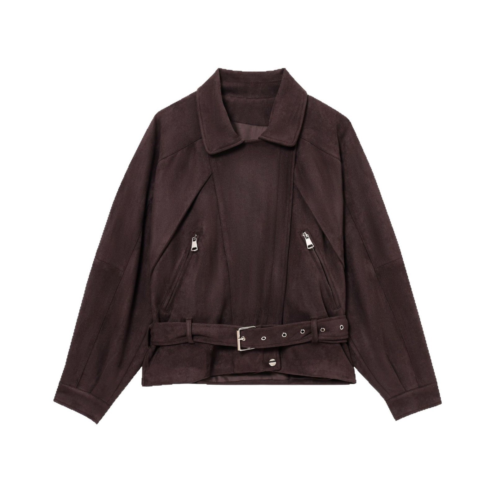 Damen Elegante Wildlederjacke mit modischen Schnallen und praktischen Taschen R&B