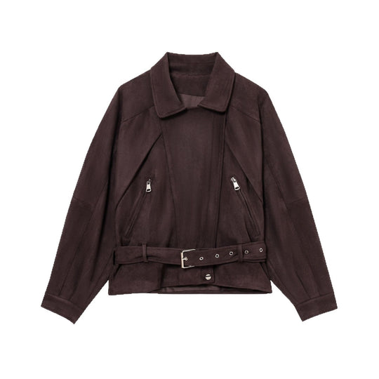 Damen Elegante Wildlederjacke mit modischen Schnallen und praktischen Taschen R&B