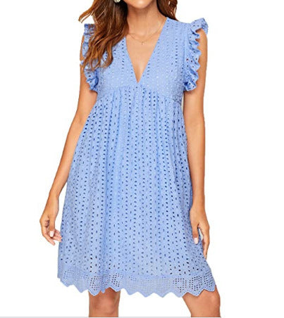 Damen nan Broderie-Anglaise Minikleid mit V-Ausschnitt Volantärmeln und Eingrifftaschen R&B