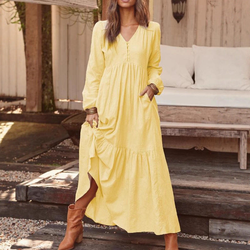 Damen nan luftiges Maxikleid mit V-Ausschnitt, langen Ärmeln und seitlichen Taschen R&B