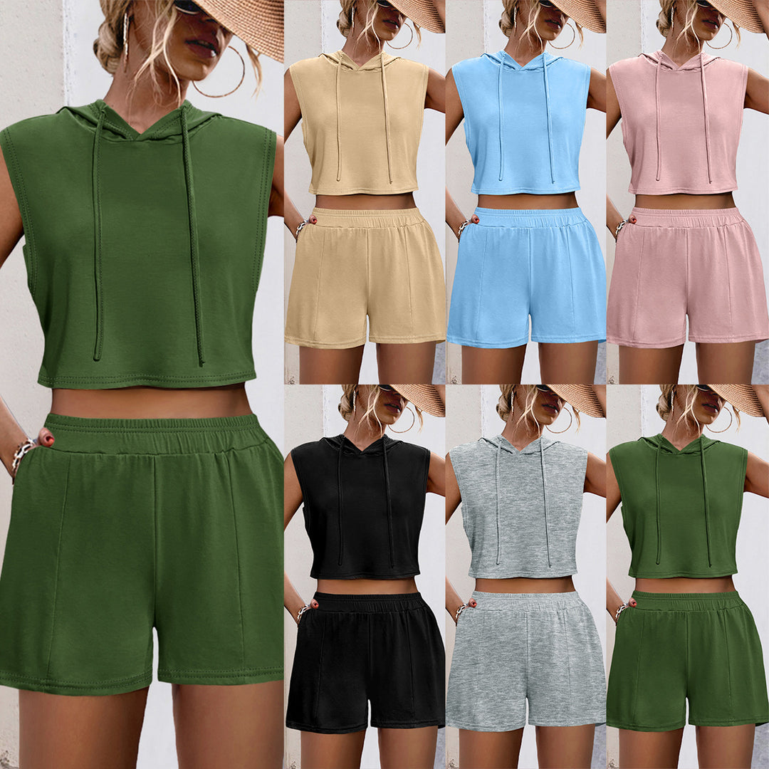 Damen Sportliches Zweiteiliges Set mit Kapuzenoberteil und bequemen Shorts R&B
