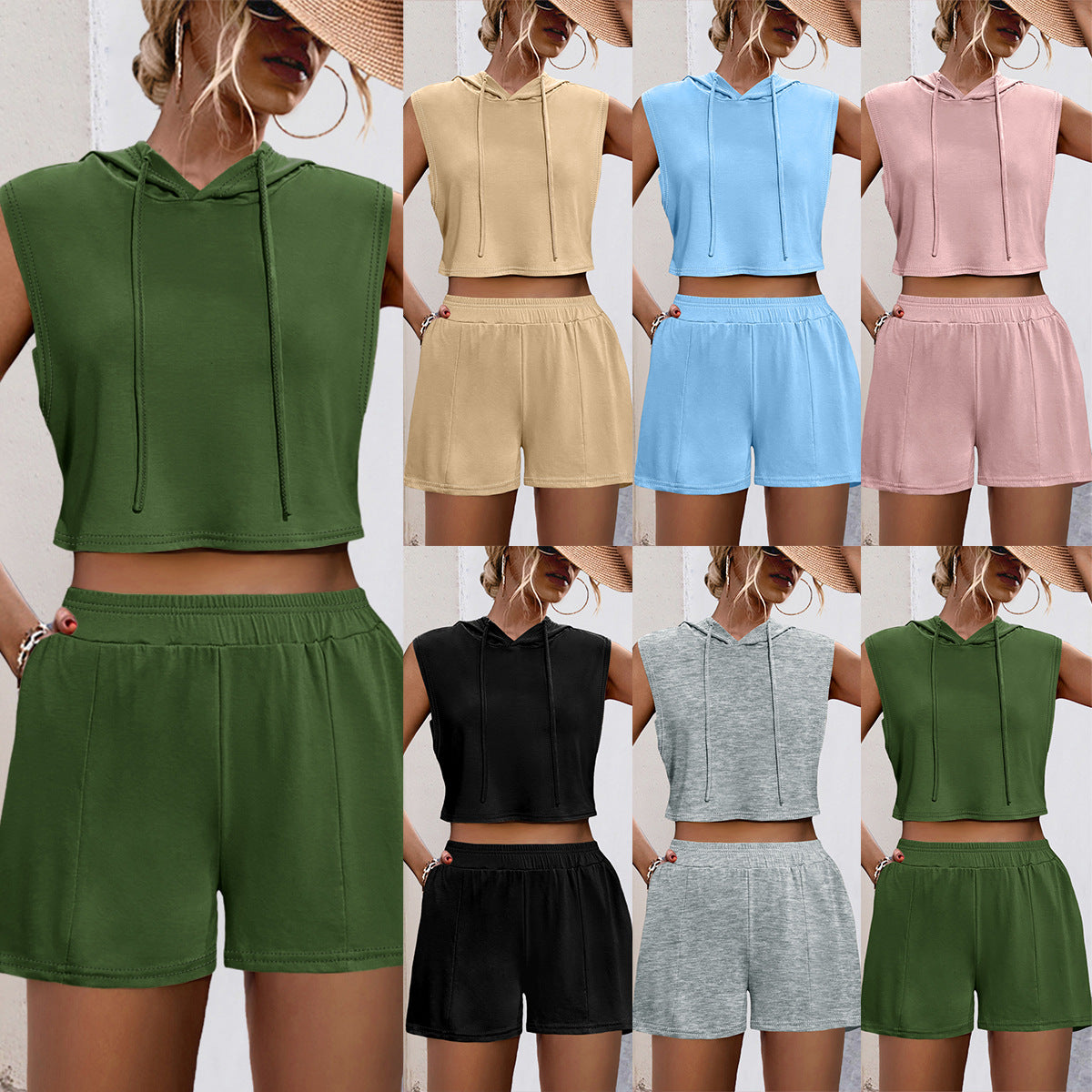 Damen Sportliches Zweiteiliges Set mit Kapuzenoberteil und bequemen Shorts R&B