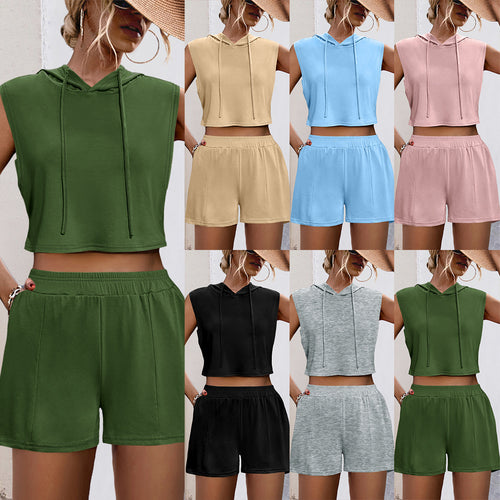 Damen Sportliches Zweiteiliges Set mit Kapuzenoberteil und bequemen Shorts R&B
