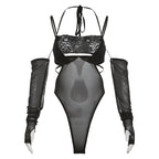 Damen Einteiler Bodysuit mit eleganter Spitzendekoration und transparenter Optik R&B