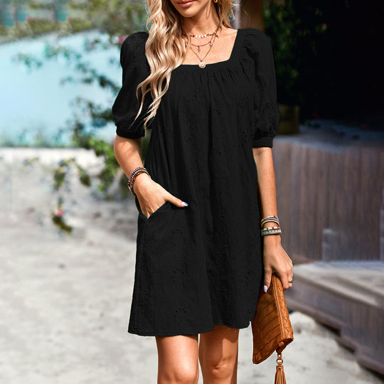 Damen Sommerliches Minikleid mit durchbrochenem Design und lässigen Puffärmel R&B
