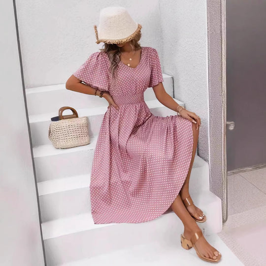 Damen Elegantes Maxikleid mit V-Ausschnitt und Ballonärmeln R&B