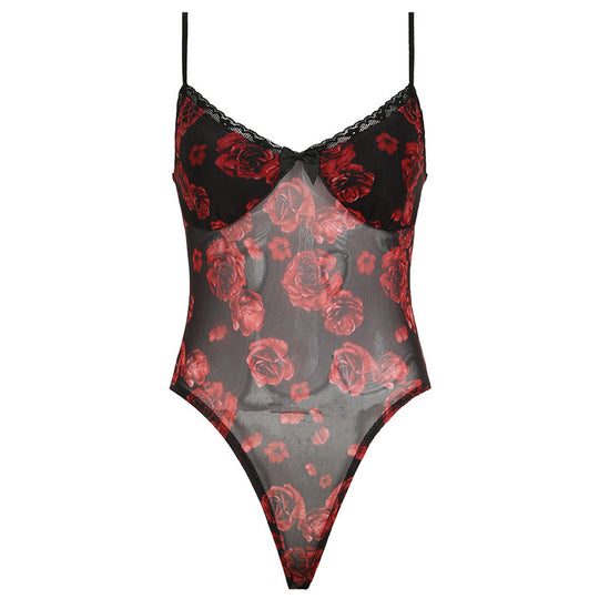 Damen Verführerisches Spitzen-Bodysuit mit Rosenmuster R&B