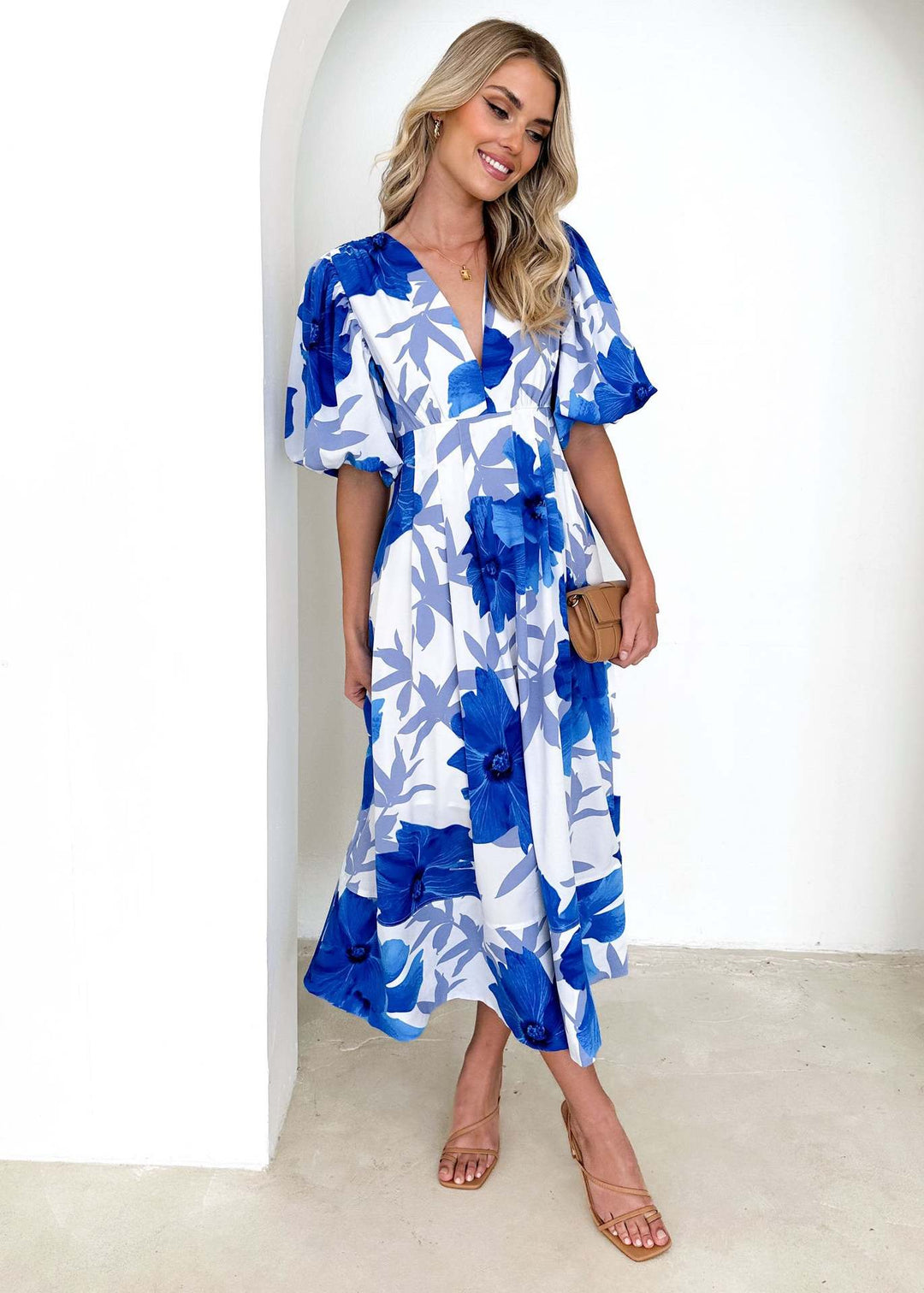 Damen Maxikleid mit buntem floralen Design und lässigen Puffärmeln R&B