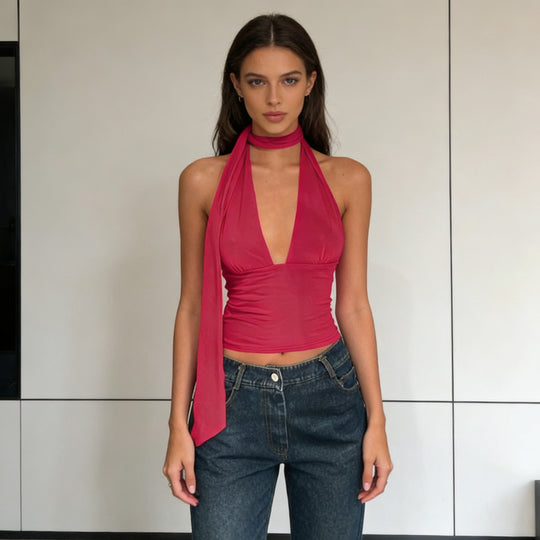 Damen Stilvolles Cropped Top mit schmalem Halsschmuck R&B