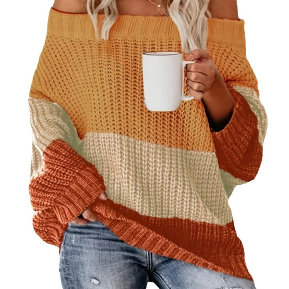 Damen Lässiger Overzise-Strickpullover mit Off-Shoulder-Ausschnitt und angesagtem Farbblockdesign R&B