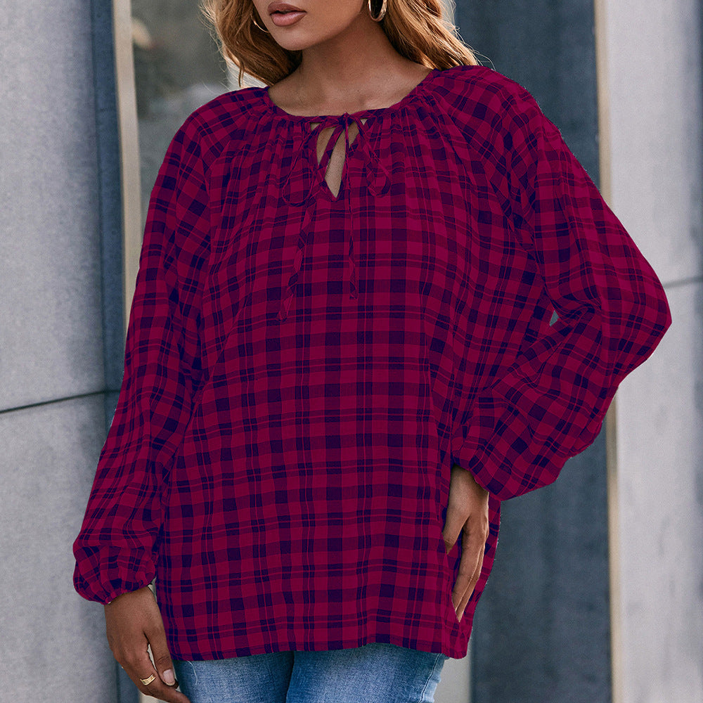 Damen Bluse mit Karo-Muster und Schleifendetail R&B