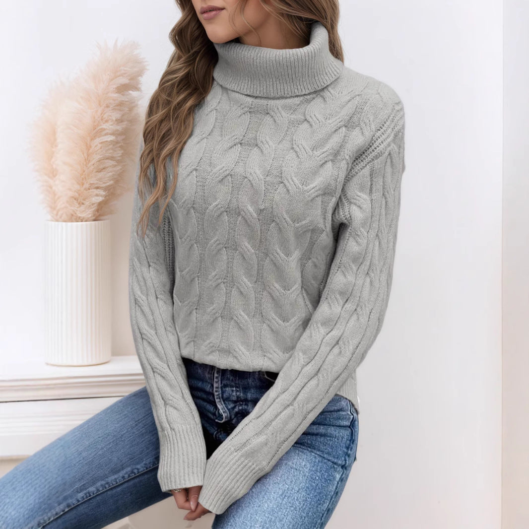 Damen Strickpullover mit hohem Kragen und Zopfmuster R&B
