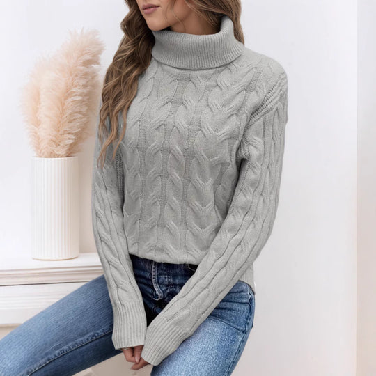Damen Strickpullover mit hohem Kragen und Zopfmuster R&B