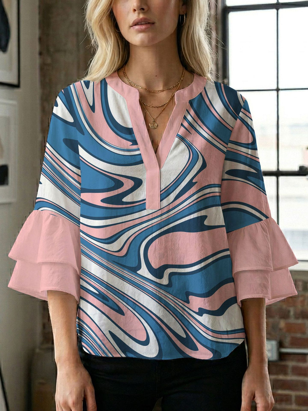 Damen Blusenshirt mit voluminösen Ärmeln und kreativem Druckdesign R&B