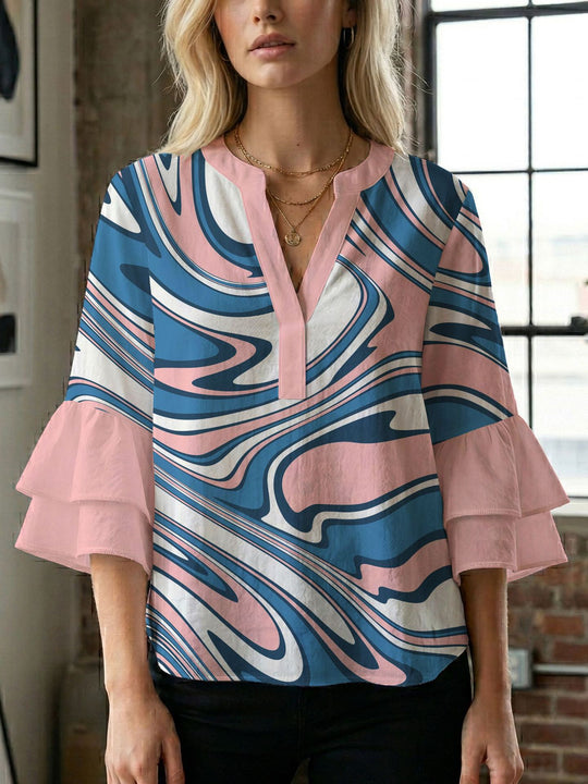 Damen Blusenshirt mit voluminösen Ärmeln und kreativem Druckdesign R&B