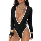 Damen Body mit tiefem V-Ausschnitt und eleganten Kontrastdetails R&B
