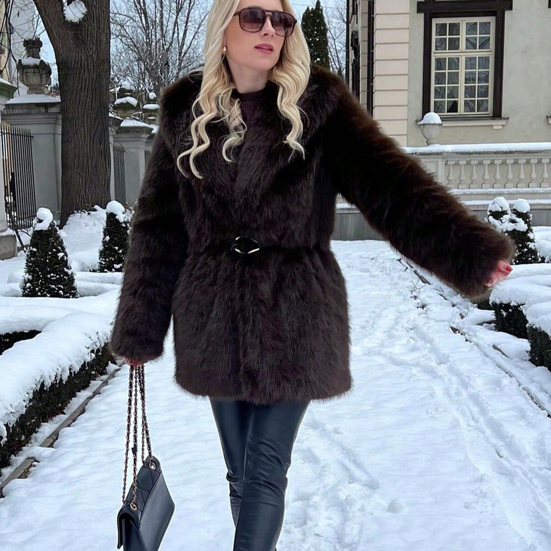 Damen glamouröser Kunstfellmantel mit breitem Revers und Taillengürtel R&B