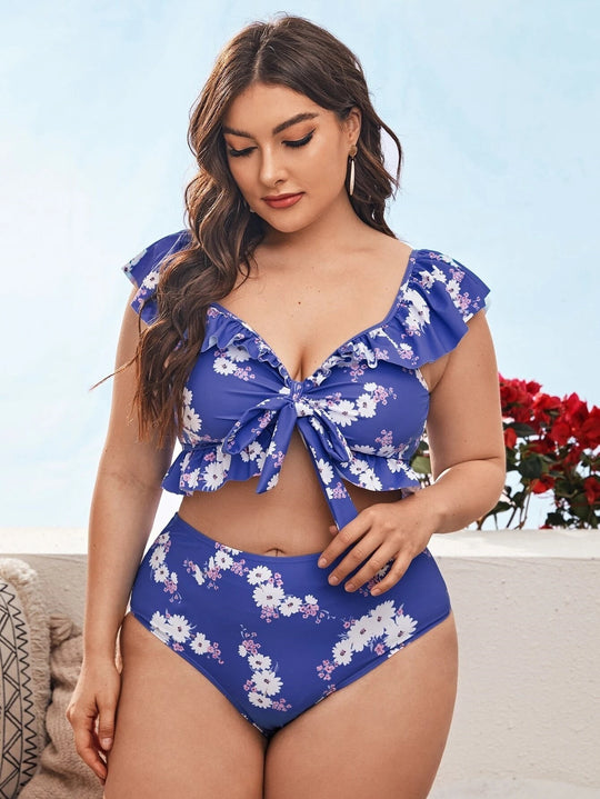 Damen Bikini-Set mit floralem Wickeloberteil und hohen Taillenhosen R&B