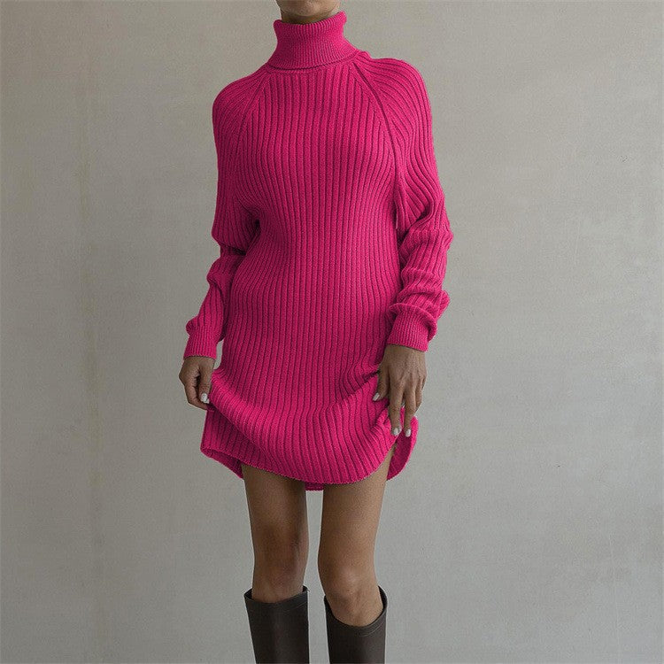 Damen Strickkleid mit hohem Kragen und großen Ärmeln R&B