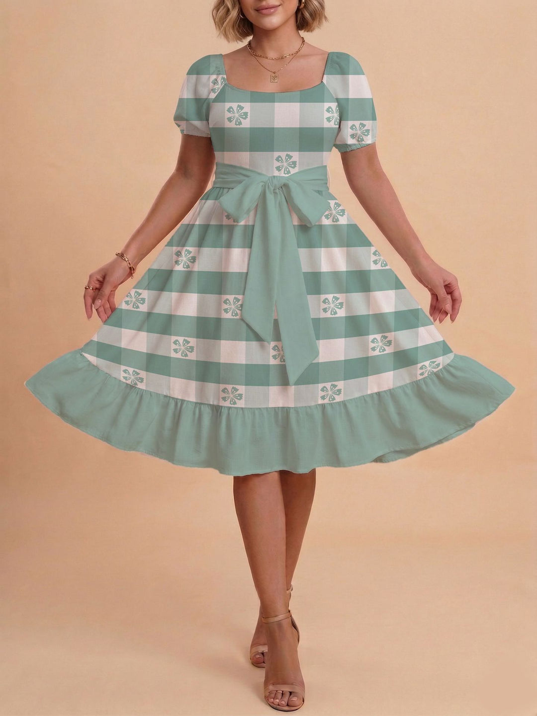 Damen Midikleid mit verspieltem Druck und tailliertem Schnitt R&B
