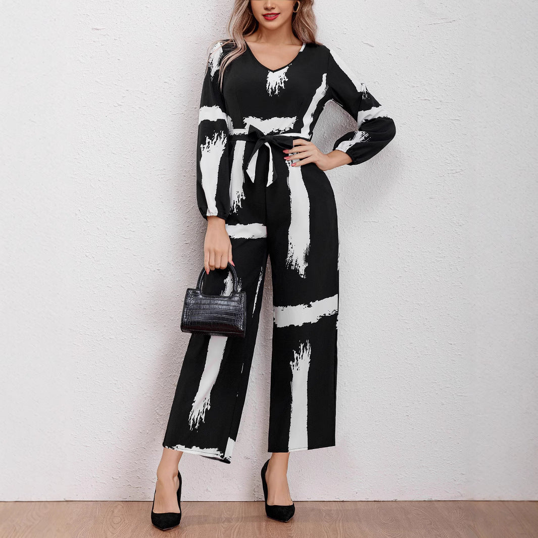 Damen Jumpsuit mit modernen Pinselstrich-Design und Gürtel R&B