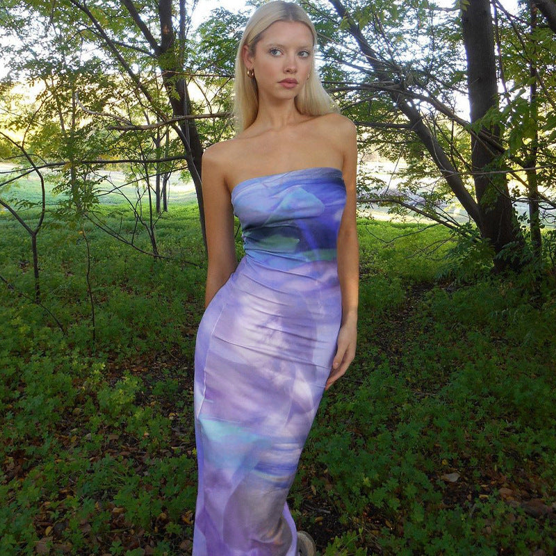 Damen Maxi Kleid mit schulterfreiem Design und fließendem Stoff R&B