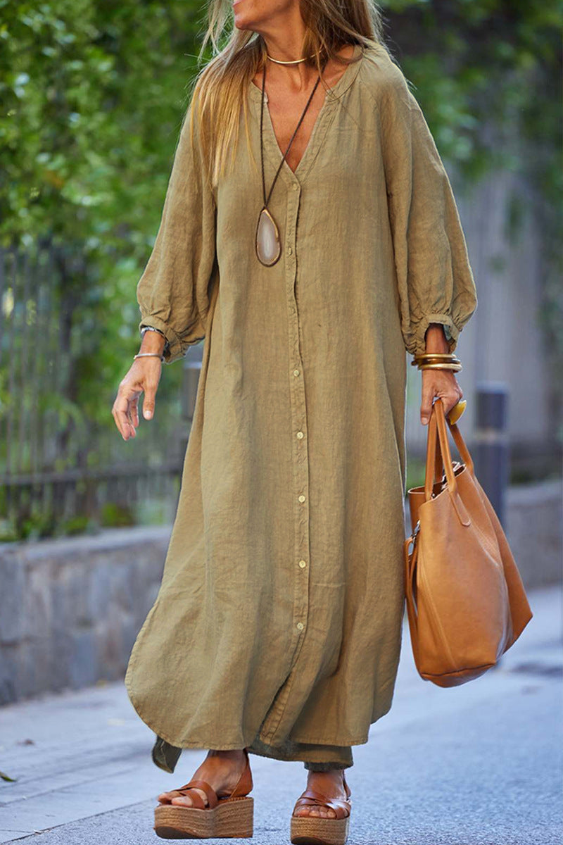 Damen lässiges Langarmkleid mit Knopfleiste und Ballonärmeln R&B