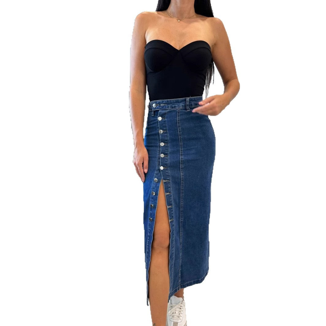 Damen Baumwoll-Denimrock mit Knopfleiste und Schlitz R&B