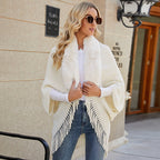 Damen luxuriöser Strickponcho mit elegantem Kunstfellkragen und Fransen