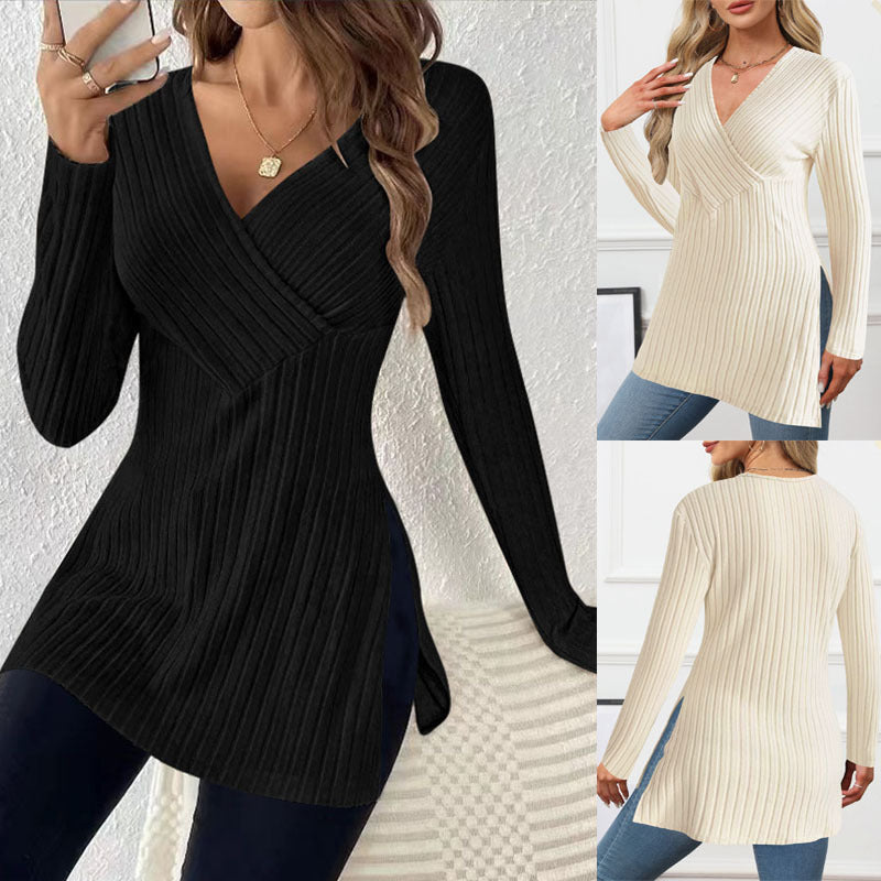 Damen Strickpullover mit modernem Wickel-Design und Seitenschlitzen
