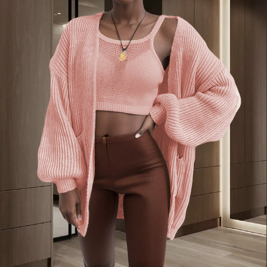 Damen Großer Strickjacke mit voluminösen Ärmeln und praktischen Taschen R&B
