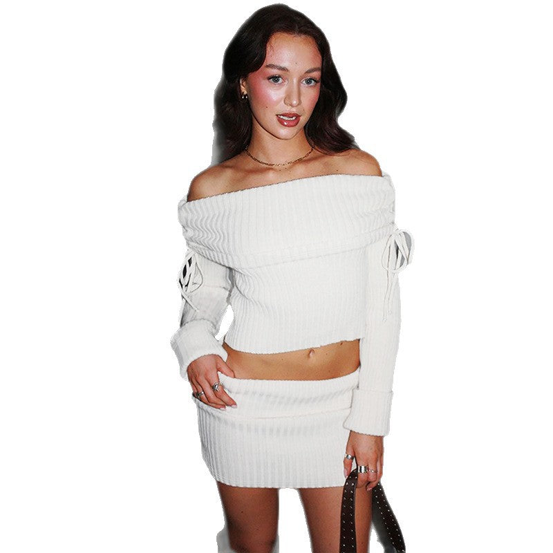 Damen Off-Shoulder Strick-Set mit modischen Details R&B