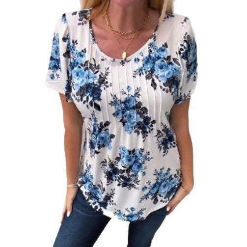 Damen nan Kurzarmbluse mit Kellerfalten, Rundhalsausschnitt und floralem Allover-Print R&B