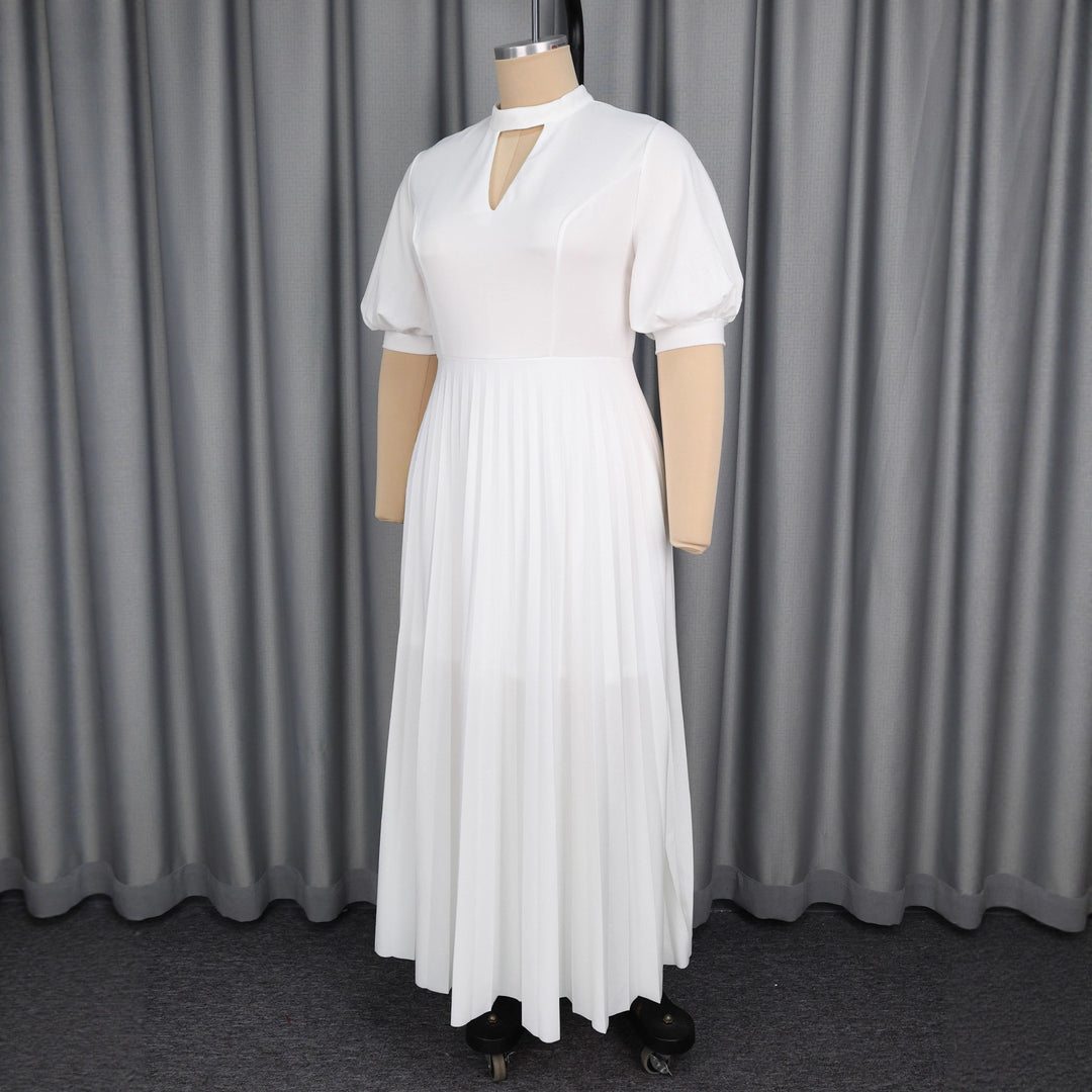 Damen elegantes Maxikleid mit plissiertem Rock und modischem Schlüssel-Ausschnitt R&B