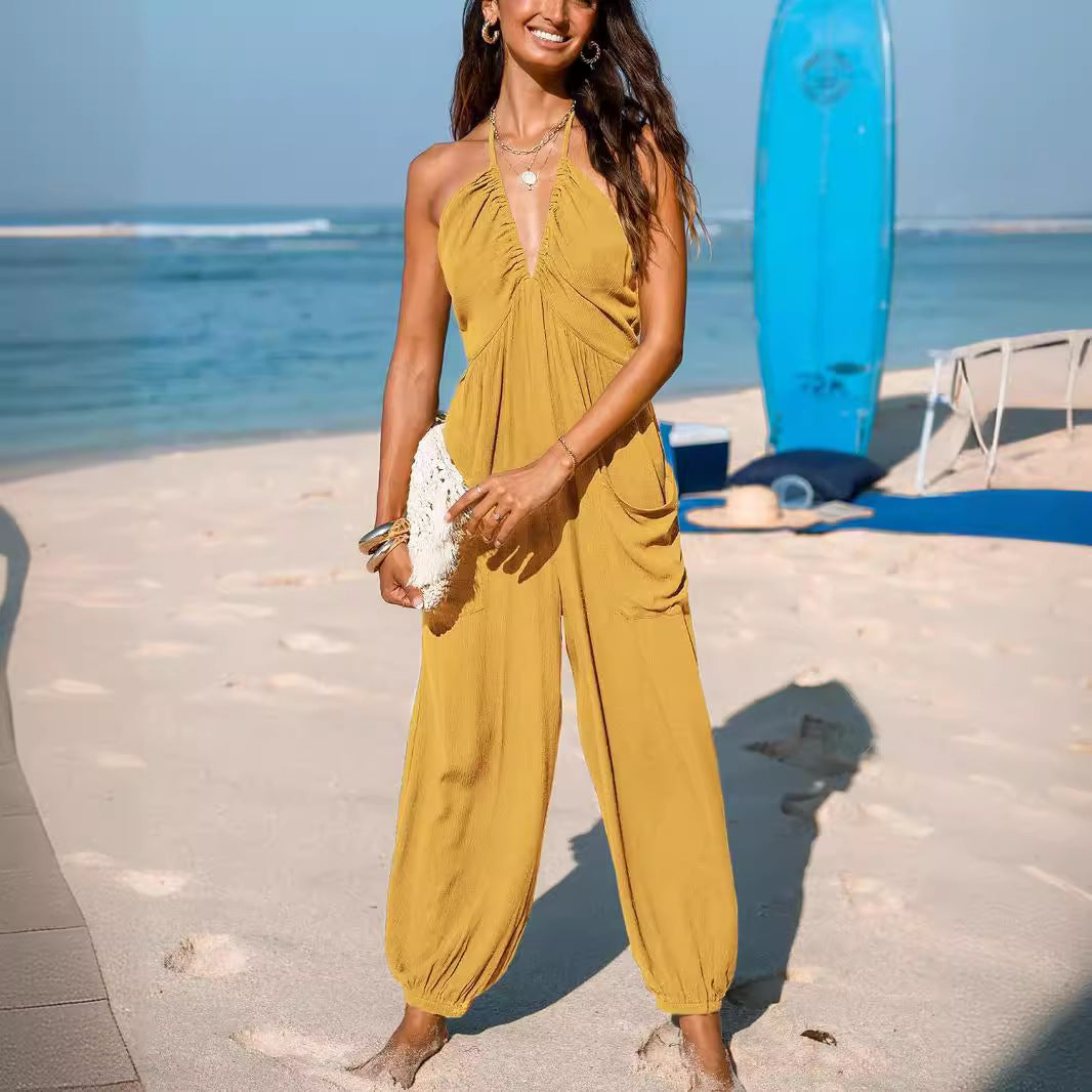 Damen lässiger Jumpsuit mit tiefem Ausschnitt und praktischen Taschen R&B