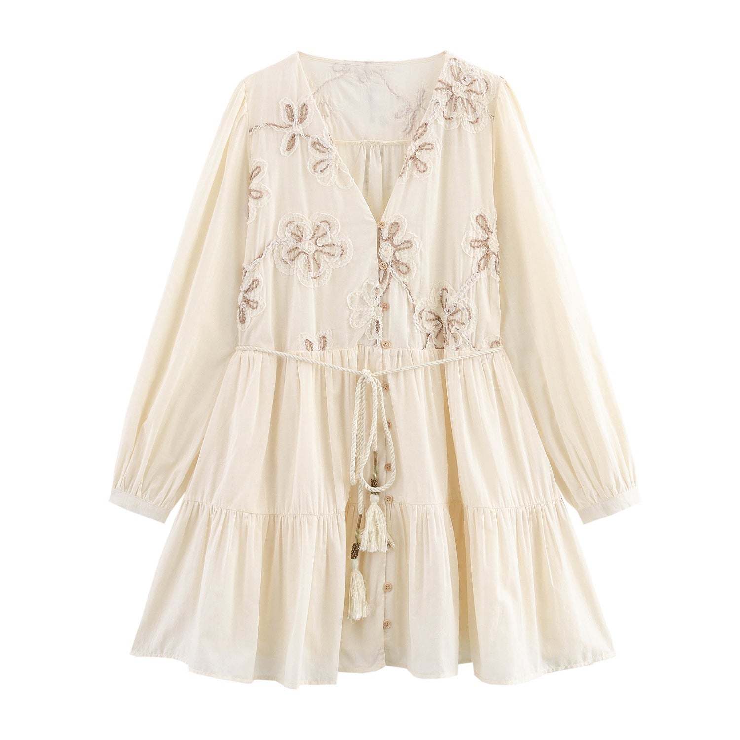 Damen verspieltes Maxikleid mit floralem Stickmuster und Taillenkordelzug