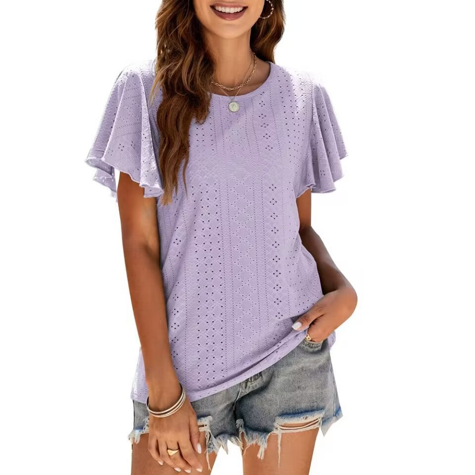 Damen T-Shirt mit eleganten Volantärmeln und durchbrochenem Design R&B