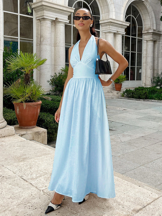 Damen Elegantes Maxikleid mit Halterneck-Design und fließendem Rock R&B