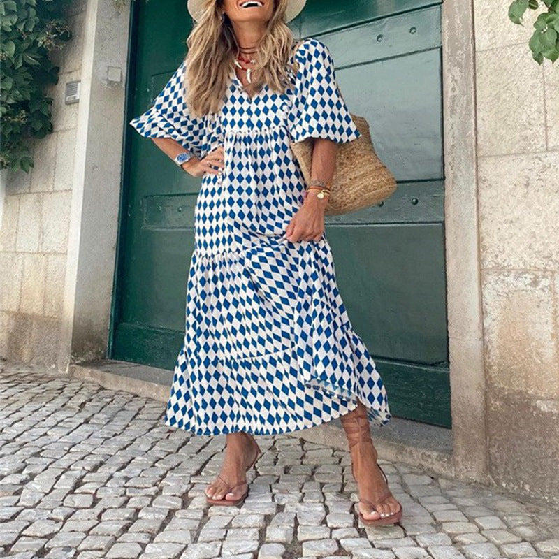 R&B | Großes böhmisches Kleid mit Rundhalsausschnitt und Laternenärmeln