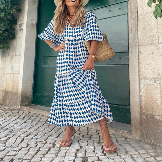 R&B | Großes böhmisches Kleid mit Rundhalsausschnitt und Laternenärmeln