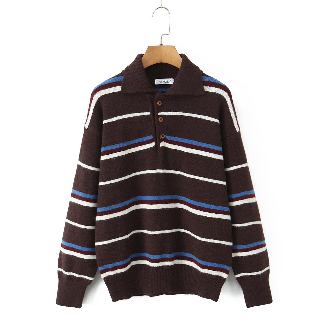 Damen gestreifter Poloshirt-Strickpullover R&B
