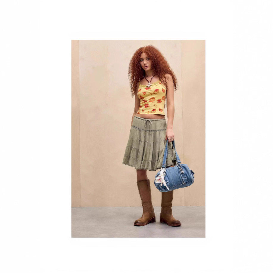 Damen florales Spaghetti-Top mit Spitzenrand R&B